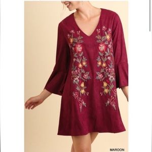 NWT ! Suede like feel embroidered floral Soft Maroon Gorgeous Dress